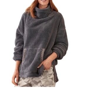 Sundance Women Gray Sherpa Fleece Cowl Neck Pullover Sweater Embroidered Trim XS